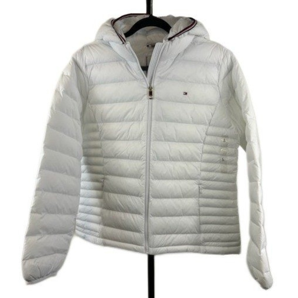 New Tommy Hilfiger Puffer Jacket Women's Large White Hooded Coat Water Resistant